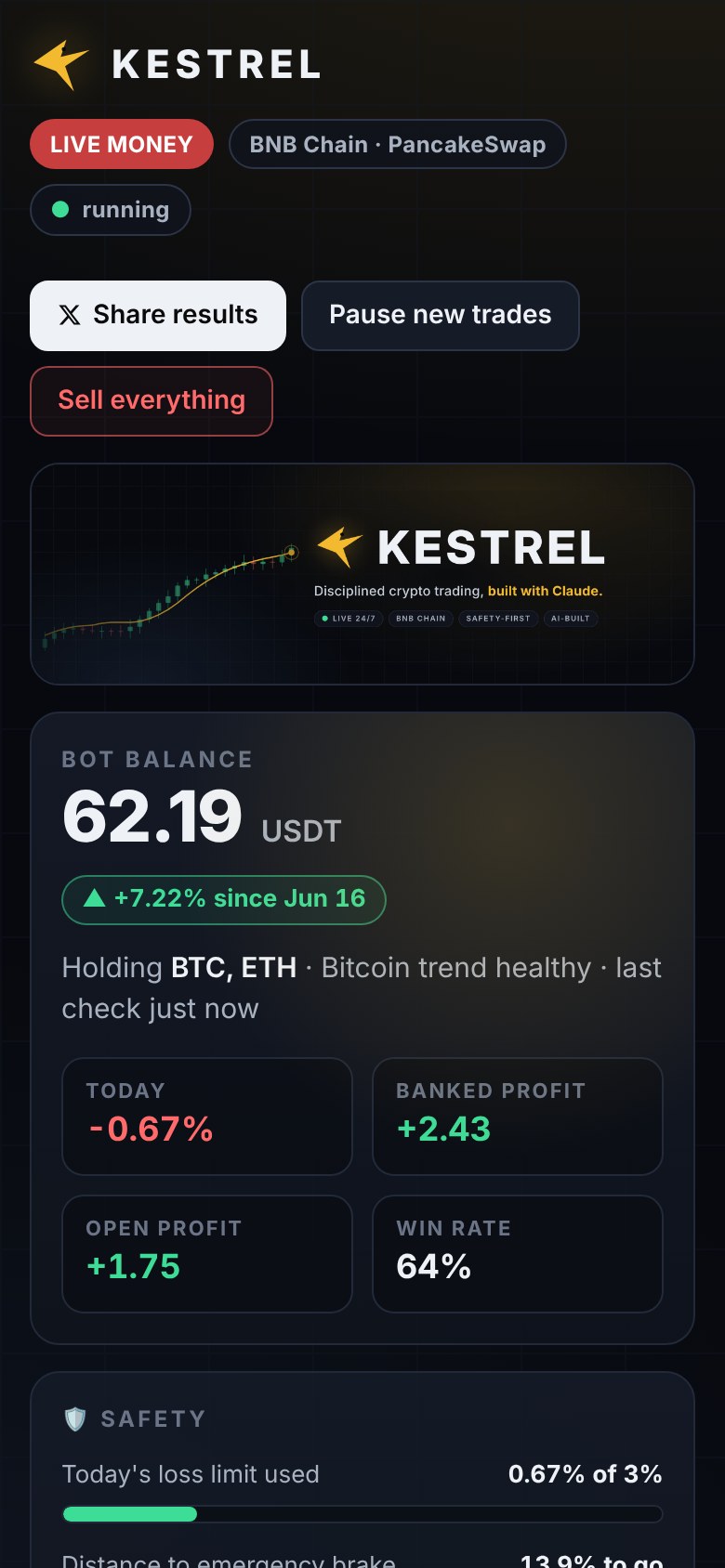 Kestrel dashboard installed as a phone app (demo data)
